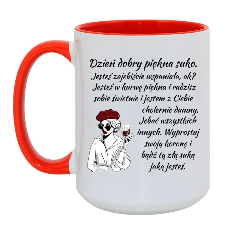 Kubek duży biało-czerwony 450 ml z wulgarnym tekstem i grafiką kobiety, must-have do kawy