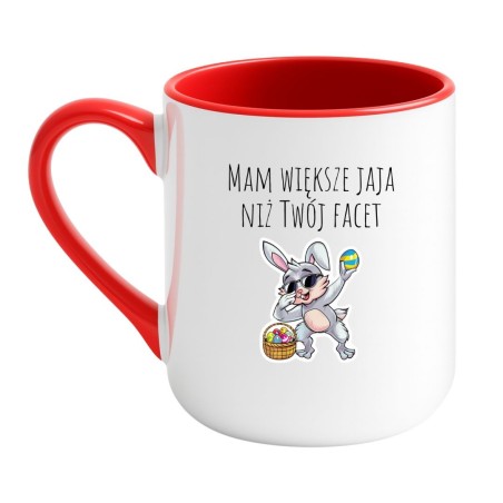 Kubek elegancki biało-czerwony 330 ml ze śmieszną grafiką królika, doskonały do domu