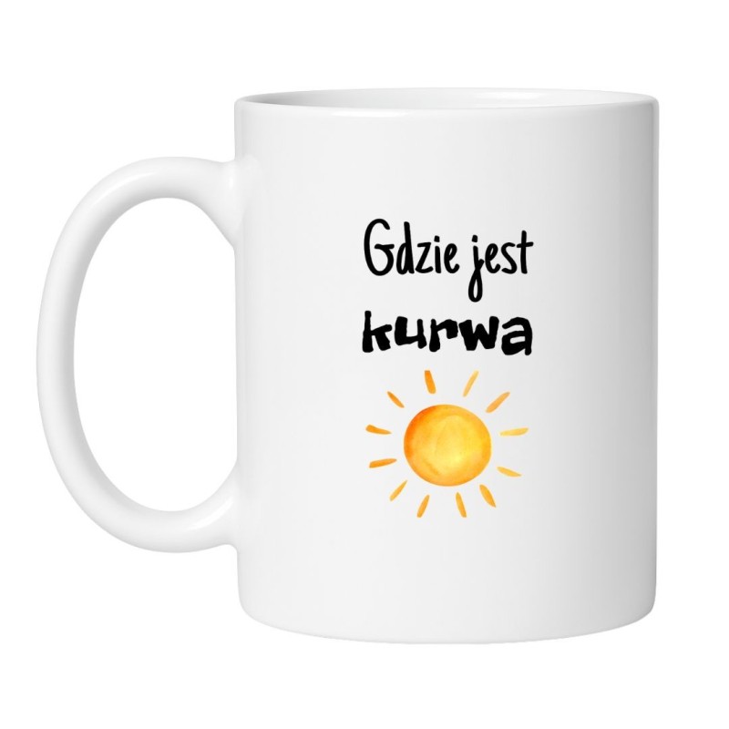 Śmieszny kubek biały 330 ml z chamskim napisem i obrazkiem słońca, świetny do biura