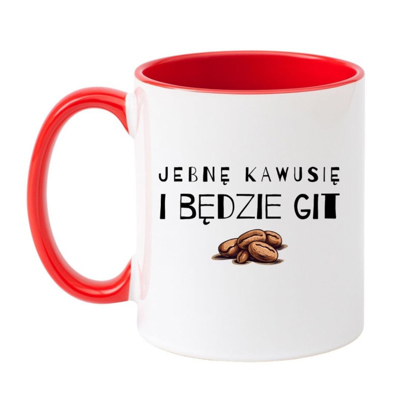 Kubek biało-czerwony 330 ml ze śmieszną ilustracją kawy i motywem bez cenzury, sprawdź bestseller
