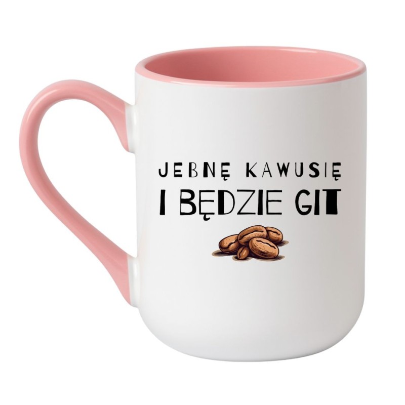 Kubek elegancki biało-różowy 330 ml z humorystycznym motywem kawy i napisem, śmieszny kubek z nadrukiem