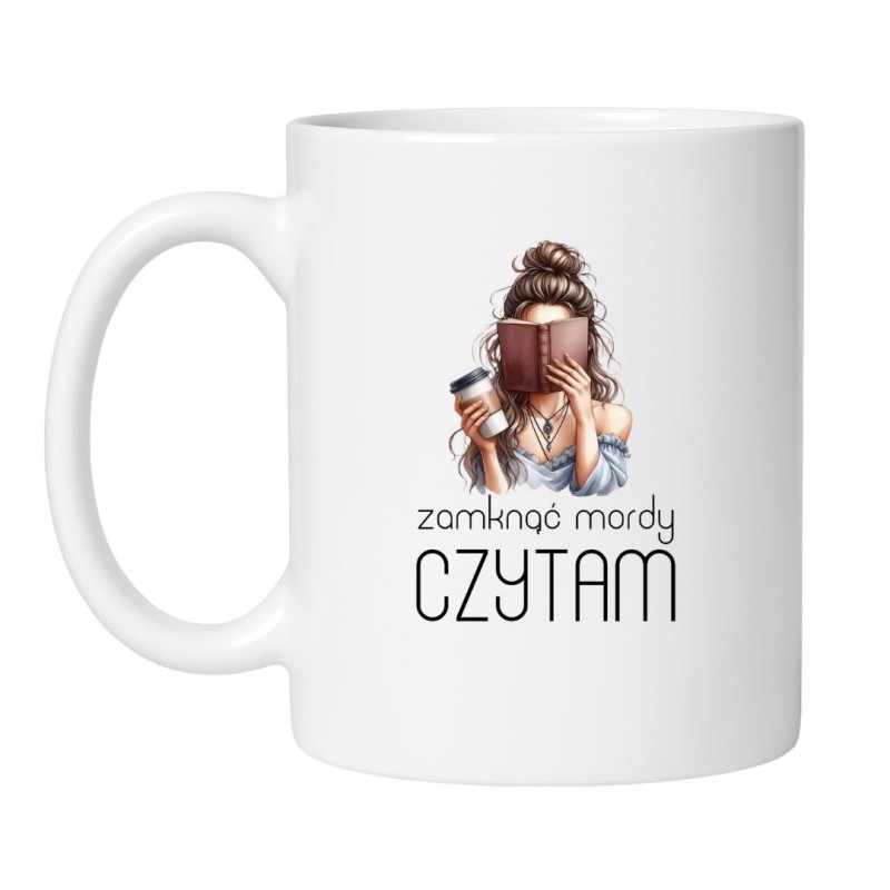 Śmieszny kubek biały 330 ml z humorystycznym motywem książkowym i napisem bez cenzury, must-have dla moli książkowych