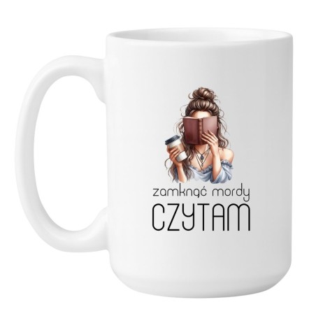 Kubek duży biały 450 ml z motywem czytelniczym i nadrukiem bez cenzury, doskonały dla kawoszy