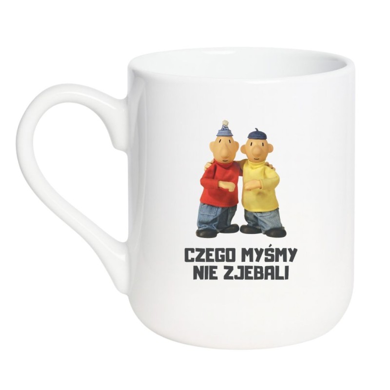 Kubek elegancki biały 330 ml z komicznym motywem dwóch bohaterów i chamskim napisem, must-have dla kawoszy