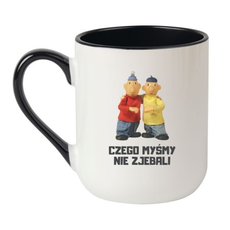 Kubek elegancki biało-czarny 330 ml z zabawnym motywem i napisem bez cenzury, doskonały do kawy