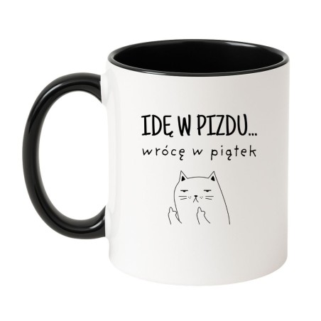 Kubek biało-czarny 330 ml z chamskim napisem i obrazkiem kota, doskonały gadżet do pracy
