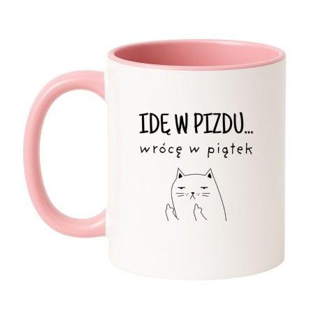 Kubek biało-różowy 330 ml z ilustracją kota i wulgarnym wzorem, sprawdź bestseller