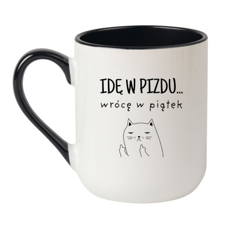 Kubek elegancki biało-czarny 330 ml ze śmieszną grafiką kota i chamskim napisem, idealny do kawy
