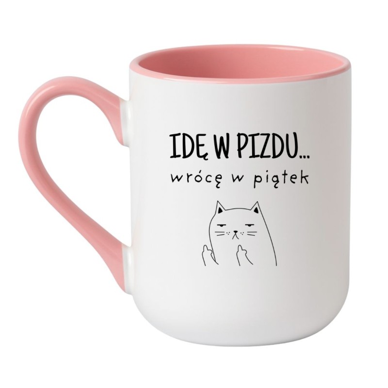 Kubek elegancki biało-różowy 330 ml z humorystycznym nadrukiem kota, świetny do domu