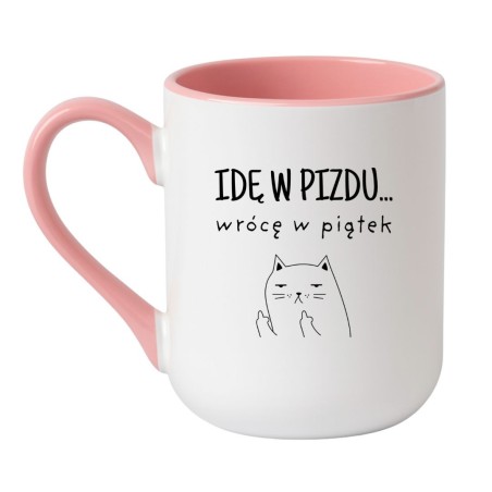Kubek elegancki biało-różowy 330 ml z humorystycznym nadrukiem kota, świetny do domu