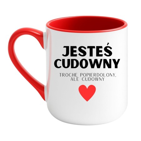 Kubek elegancki biało-czerwony 330 ml z motywem humorystycznym, prezent bez cenzury