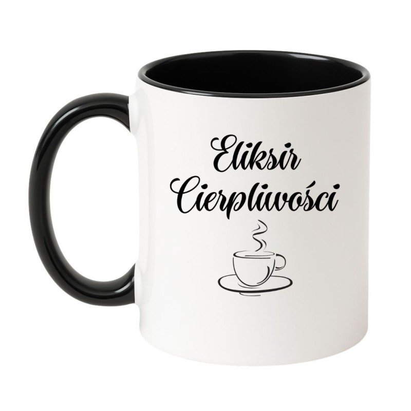 Kubek biało-czarny 330 ml z motywem filiżanki i napisem, praktyczny do domu