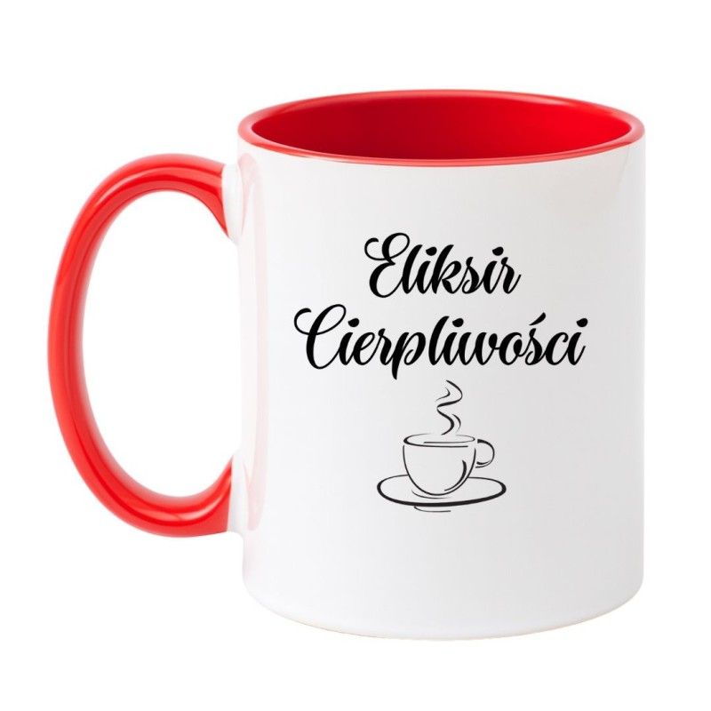 Kubek biało-czerwony 330 ml z napisem i kawowym wzorem, świetny kubek do pracy