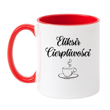 Kubek biało-czerwony 330 ml z napisem i kawowym wzorem, świetny kubek do pracy