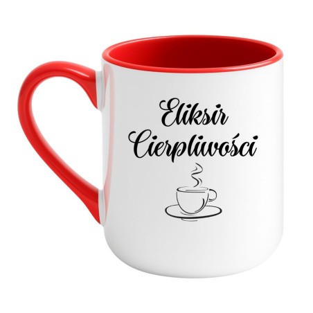 Kubek elegancki biało-czerwony 330 ml z napisem i filiżanką, doskonały gadżet do biura