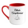 Kubek elegancki biało-czerwony 330 ml z napisem i filiżanką, doskonały gadżet do biura