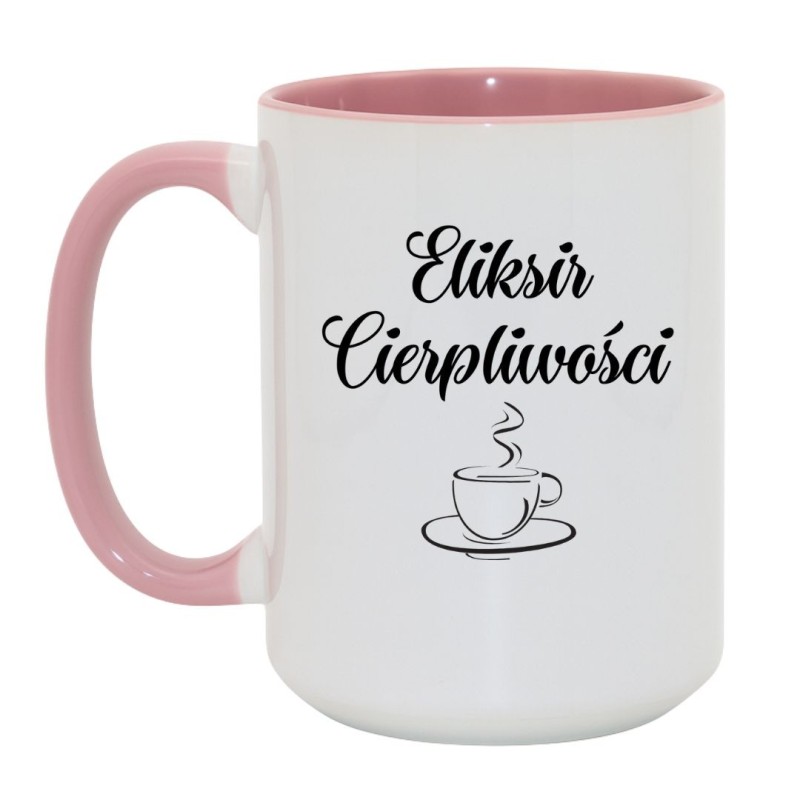 Kubek duży biało-różowy 450 ml z grafiką filiżanki, idealny dla miłośników gorących napojów