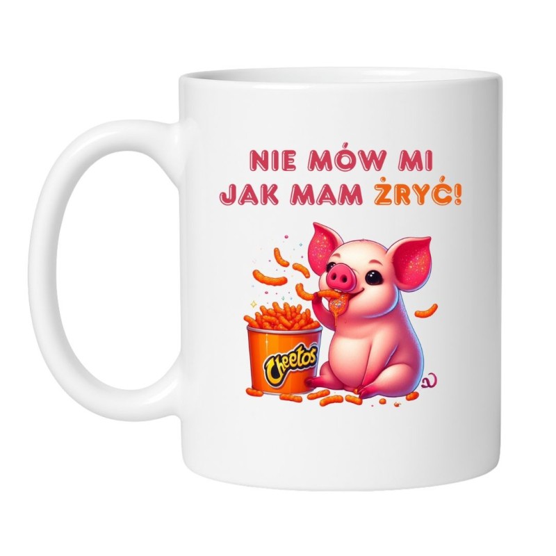 Śmieszny kubek biały 330 ml z zabawną grafiką świnki, śmieszny kubek na prezent