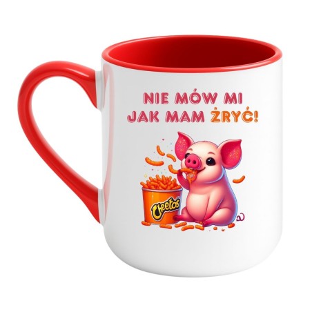 Kubek elegancki biało-czerwony 330 ml z żartobliwą grafiką, doskonały gadżet do pracy