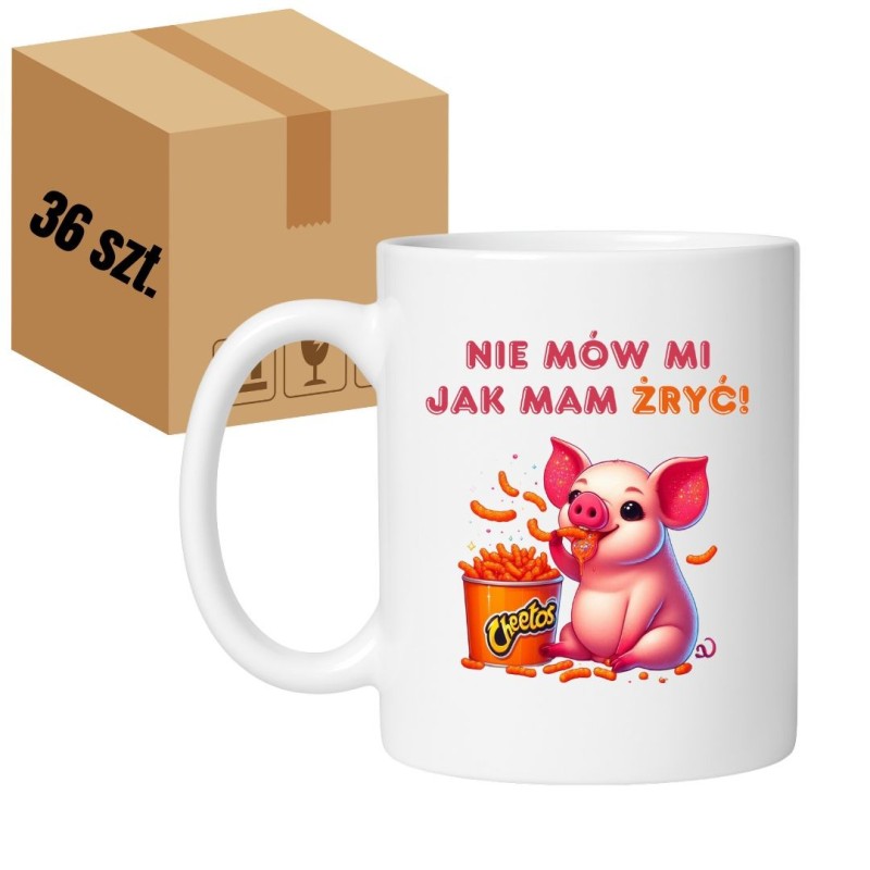 Kubek biały 330 ml z humorystycznym nadrukiem prosiaka – zestaw 36 sztuk HURT