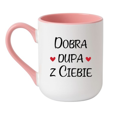 Kubek elegancki biało-różowy 330 ml z humorystyczną grafiką – kubek biało-różowy 330 ml nadruk, idealny dla kawoszy