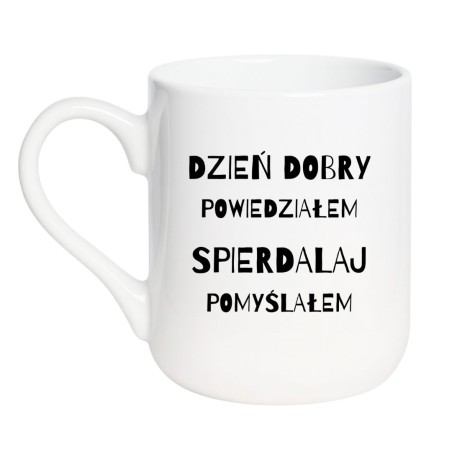 Kubek elegancki biały 330 ml z chamskim motywem – doskonały gadżet do pracy