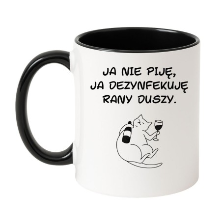 Kubek biało-czarny 330 ml z grafiką kota i humorystycznym napisem – śmieszny kubek na prezent