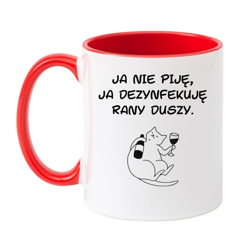 Kubek biało-czerwony 330 ml ze śmiesznym motywem kota i napisem – doskonały gadżet do pracy