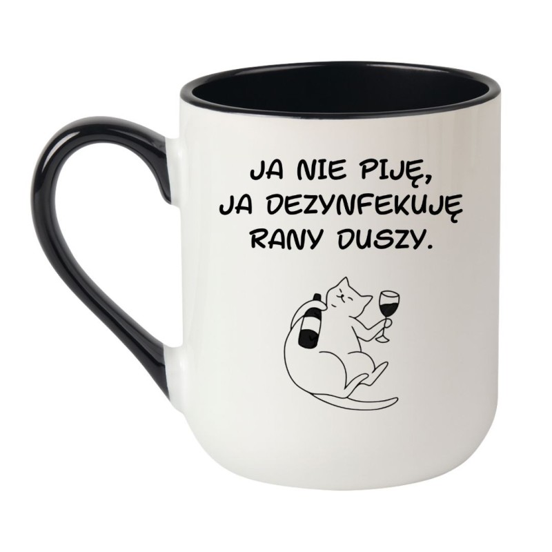 Kubek elegancki biało-czarny 330 ml z humorystycznym nadrukiem kota – kubek dla miłośników wina