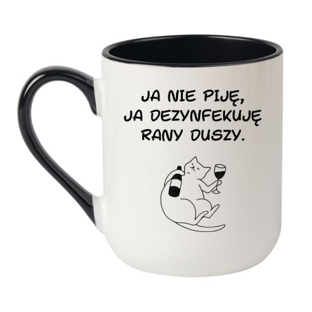 Kubek elegancki biało-czarny 330 ml z humorystycznym nadrukiem kota – kubek dla miłośników wina