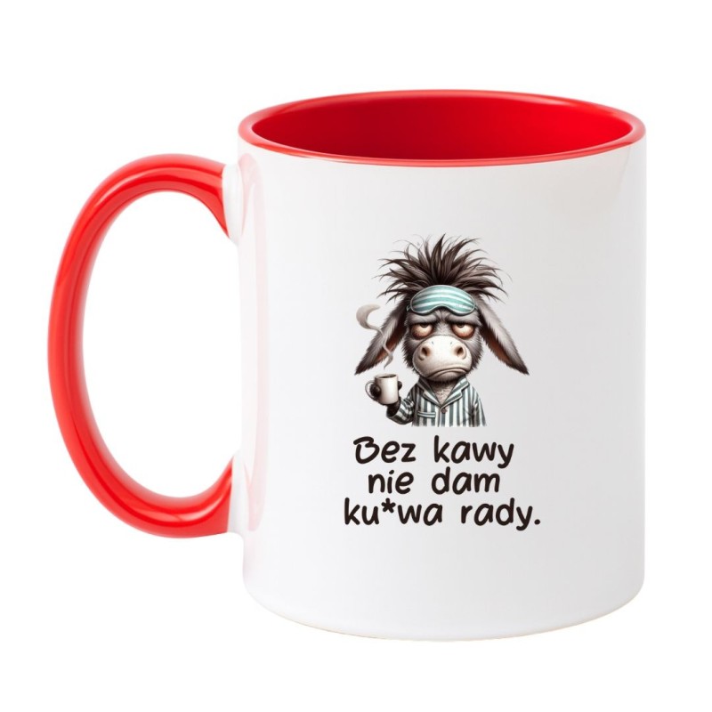 Kubek biało-czerwony 330 ml ze śmiesznym obrazkiem osła – kubek dla miłośników kawy