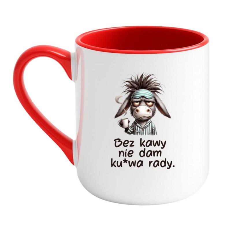 Kubek elegancki biało-czerwony 330 ml z zabawnym motywem kawy – doskonały gadżet do biura