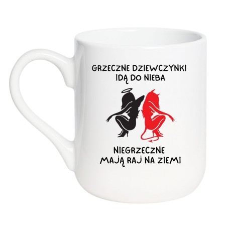 Kubek elegancki biały 330 ml z nadrukiem aniołka i diablicy – śmieszny gadżet bez cenzury