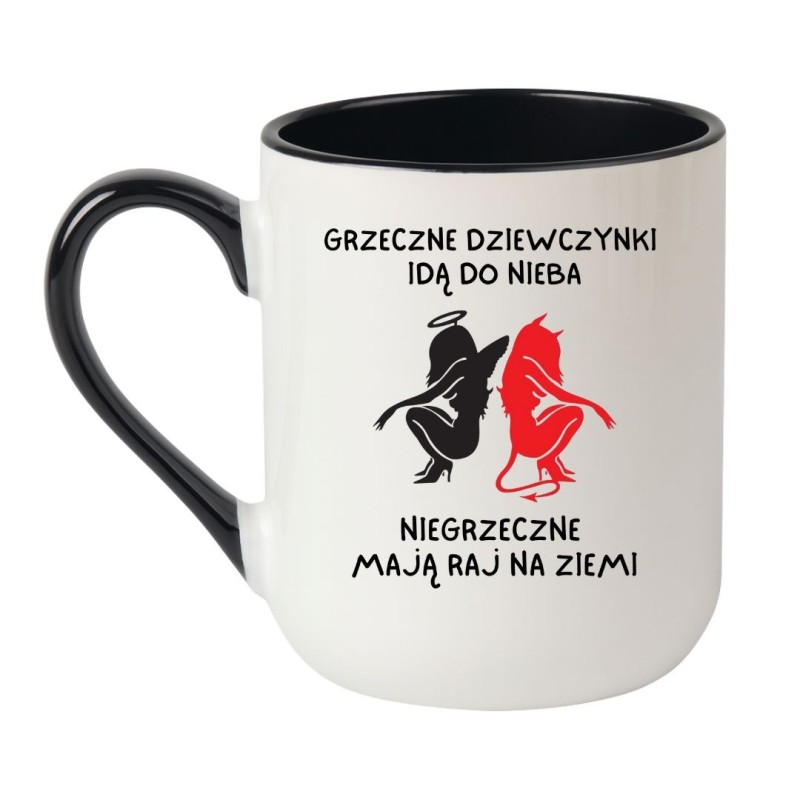 Kubek elegancki biało-czarny 330 ml z nadrukiem anioła i diabła – must-have dla fanek kawy
