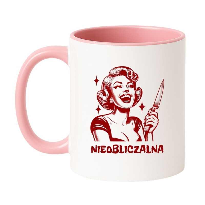 Kubek biało-różowy 330 ml z zabawną ilustracją – must-have dla fanek kawy