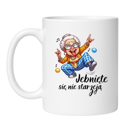 Śmieszny kubek biały 330 ml z zabawną grafiką starszej pani – humorystyczny gadżet do kawy.