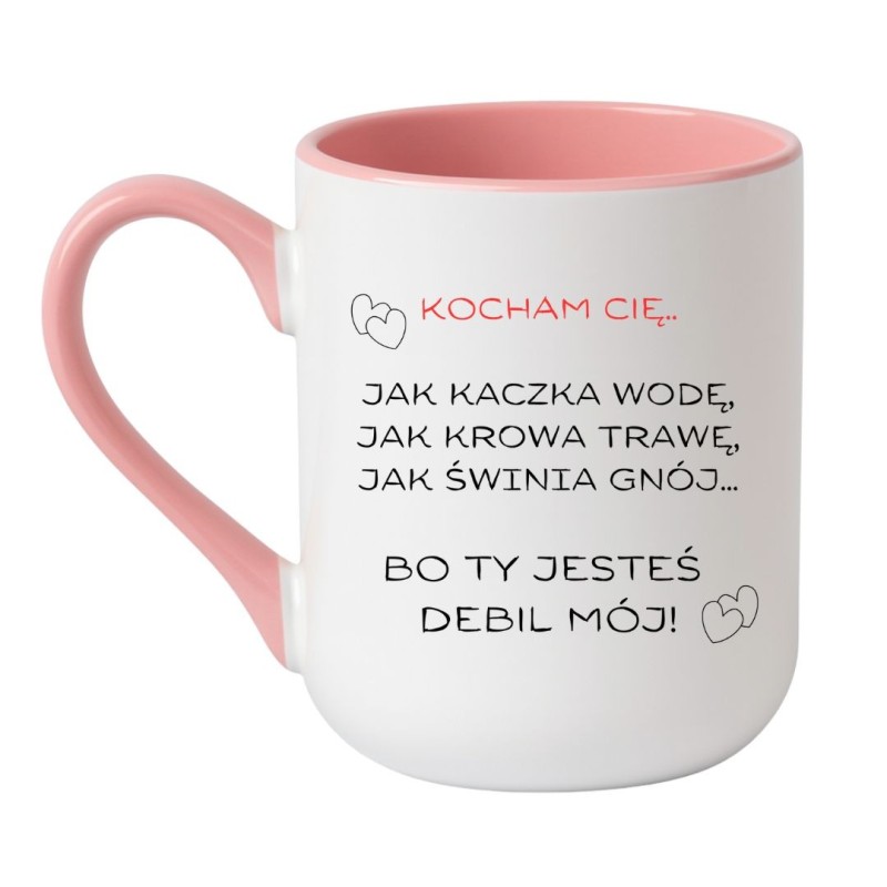 Kubek elegancki biało-różowy 330 ml z chamskim nadrukiem – śmieszny gadżet dla niej.