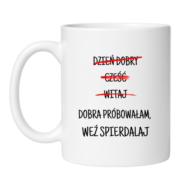 Śmieszny kubek biały 330 ml z wulgarnym nadrukiem – doskonały gadżet dla kawoszy