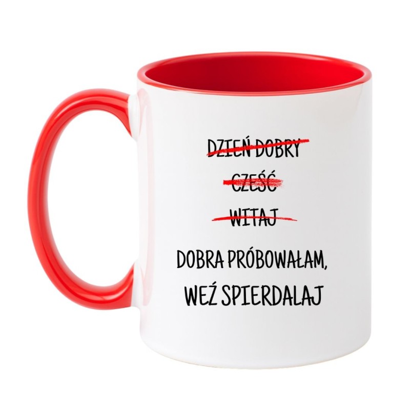 Kubek biało-czerwony 330 ml z chamskim napisem – śmieszny kubek do biura