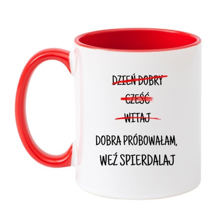 Kubek biało-czerwony 330 ml z chamskim napisem – śmieszny kubek do biura