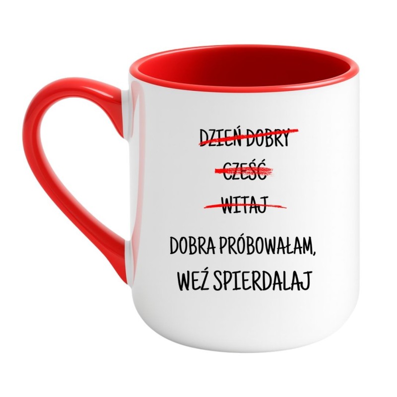 Kubek elegancki biało-czerwony 330 ml z nadrukiem bez cenzury – śmieszny gadżet