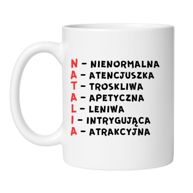 Biały kubek z imieniem Natalia akronimy