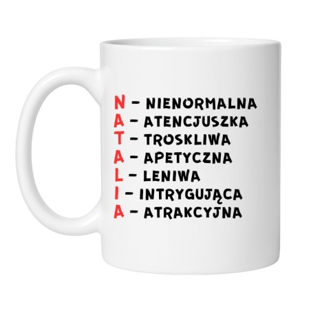 Biały kubek z imieniem Natalia akronimy