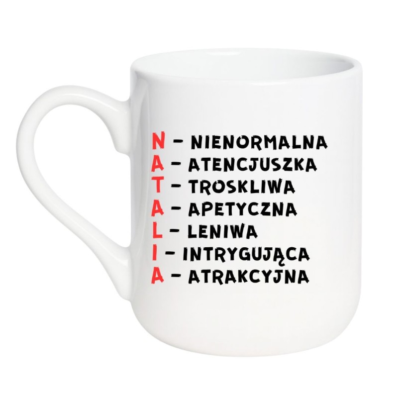 Biały elegancki kubek z imieniem Natalia akronimy