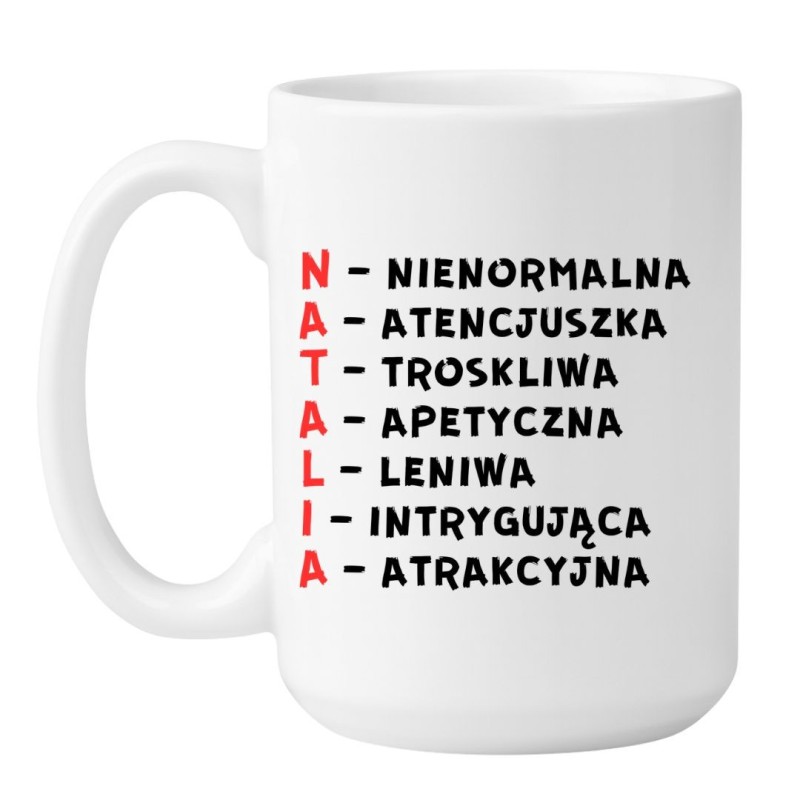 Biały kubek 450 ml z imieniem Natalia akronimy