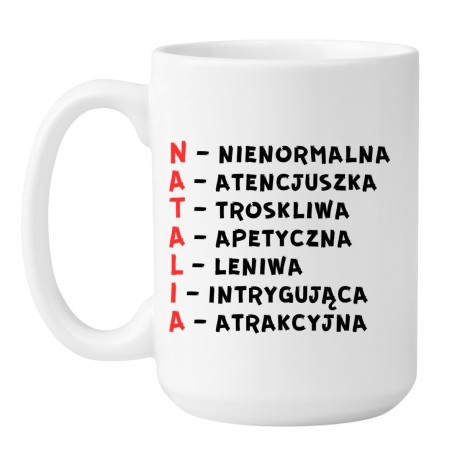 Biały kubek 450 ml z imieniem Natalia akronimy