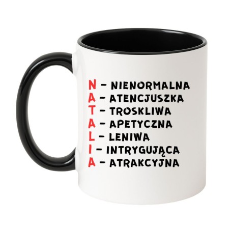 Biało czarny kubek z imieniem Natalia akronimy