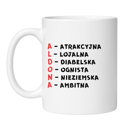 biały kubek ceramiczny aldona z humorystycznym akrostychem lojalna diabelska ognista – idealny prezent dla niej