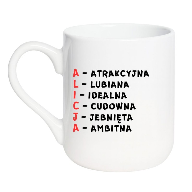 kubek imienny alicja z opisem charakteru, idealny na urodziny lub imieniny