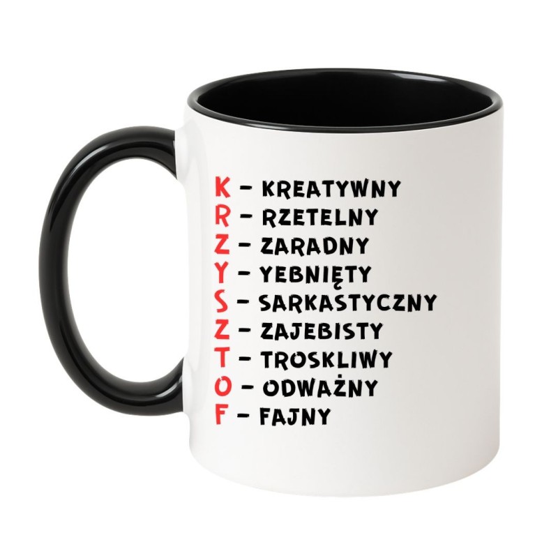 biały kubek ceramiczny krzysztof z autorskim projektem humorystycznym